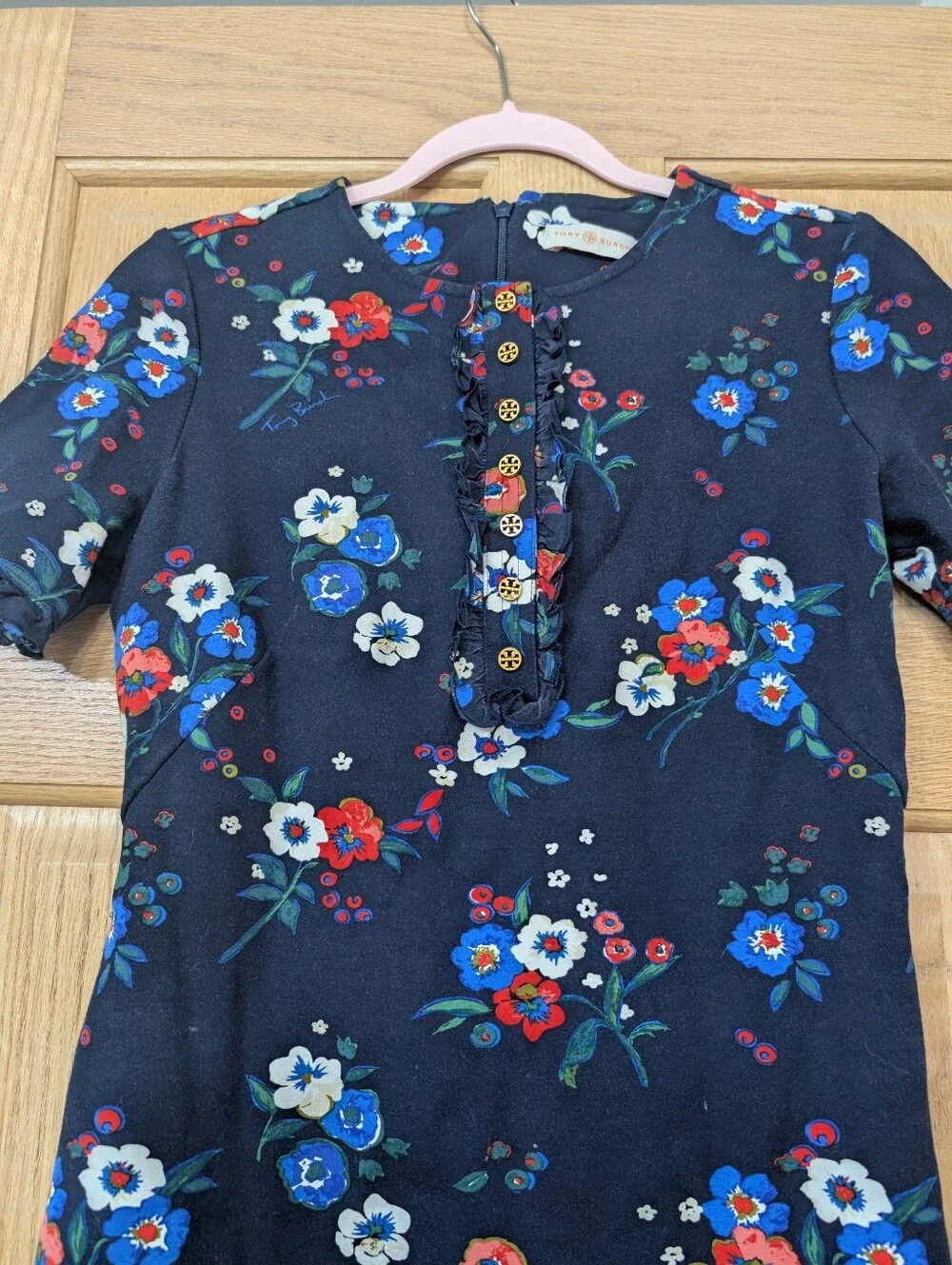 Tory Burch Miranda Short-Sleeve Pansy Bouquet Ponte Shirt dress S